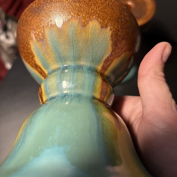 Set Of Three Ceramic Turquoise And Brown Glaze Candle Holders - Picture 13 of 16